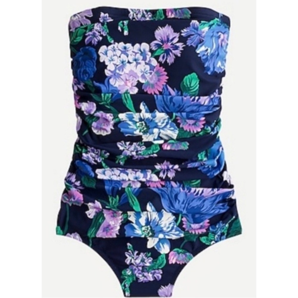 J.Crew Women Navy Blue Floral Ruched Bandeau One Piece Swimsuit Size 6